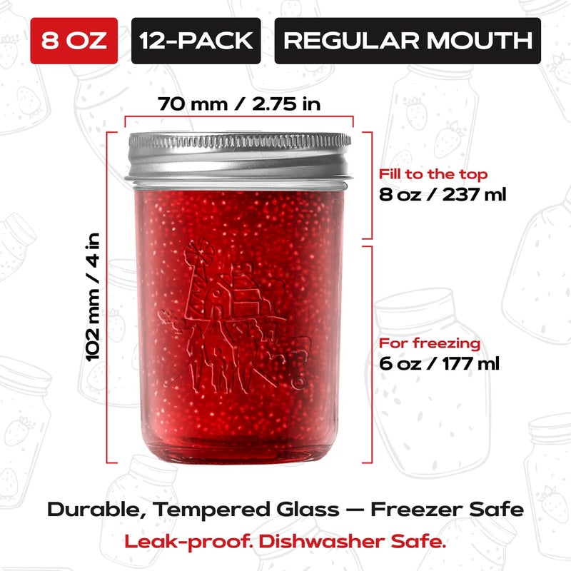 FORJARSÂ® Premium Mason Jars with Lids â€“ 8oz | Regular Mouth Canning Jars | 12-Pack Glass Jars for Jam, Jelly, Pickling, Food Storage, Freezer Safe, Airtight Bulk Set - Image 3