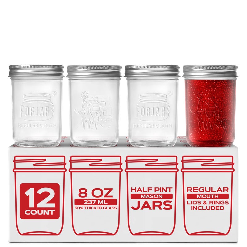 FORJARSÂ® Premium Mason Jars with Lids â€“ 8oz | Regular Mouth Canning Jars | 12-Pack Glass Jars for Jam, Jelly, Pickling, Food Storage, Freezer Safe, Airtight Bulk Set - Image 1