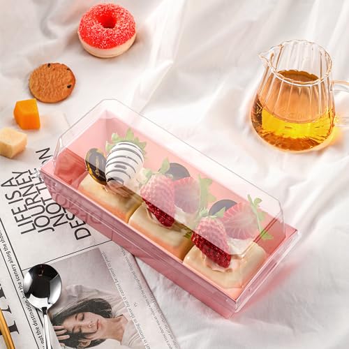 Leafiew 50 Pack 7.5x3.3 Inches Small Clear Treat Boxes-Dessert Boxes To Go-Disposable Paper Mini Containers for Cookie, Cake Slice, Charcuterie, Bakery, Pastry, Strawberry, Baked Goods Packaging(Pink) - Image 5