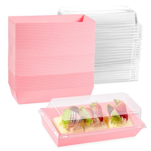 Leafiew 50 Pack 7.5x3.3 Inches Small Clear Treat Boxes-Dessert Boxes To Go-Disposable Paper Mini Containers for Cookie, Cake Slice, Charcuterie, Bakery, Pastry, Strawberry, Baked Goods Packaging(Pink) - Image 1