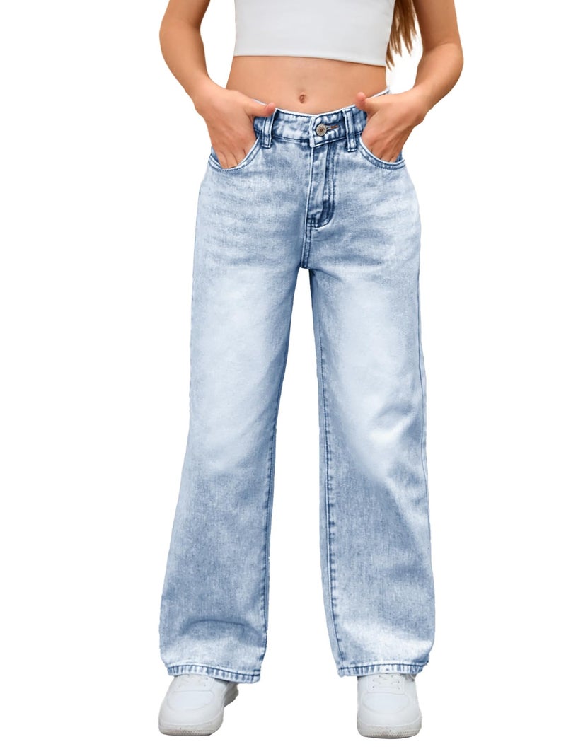 MakeMeChic Girl's Jeans Baggy Wide Straight Leg High Elastic Waisted Denim Pants Y2k Kid 7-14Y Light Wash 14 Years - Image 1
