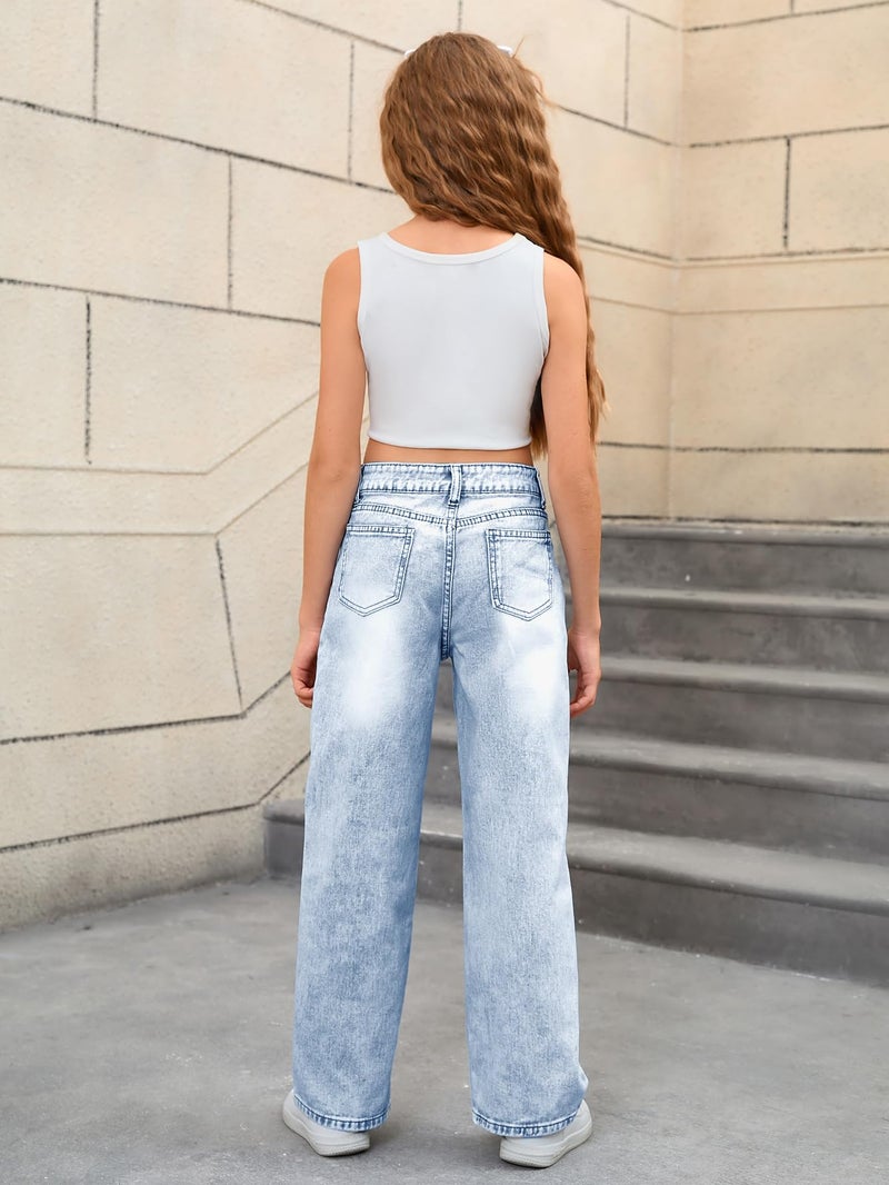 MakeMeChic Girl's Jeans Baggy Wide Straight Leg High Elastic Waisted Denim Pants Y2k Kid 7-14Y Light Wash 14 Years - Image 2