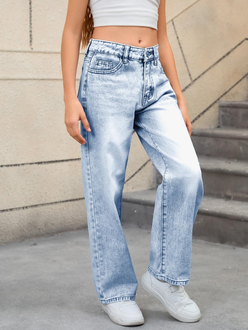 MakeMeChic Girl's Jeans Baggy Wide Straight Leg High Elastic Waisted Denim Pants Y2k Kid 7-14Y Light Wash 14 Years - Image 3