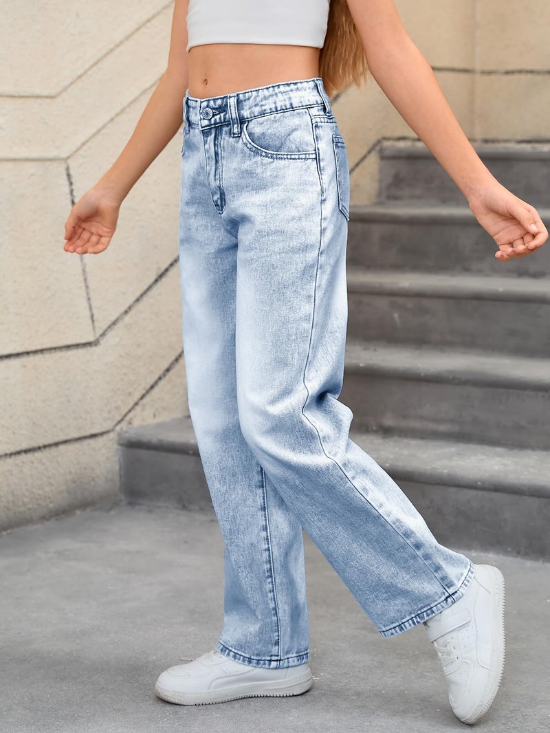 MakeMeChic Girl's Jeans Baggy Wide Straight Leg High Elastic Waisted Denim Pants Y2k Kid 7-14Y Light Wash 14 Years - Image 4
