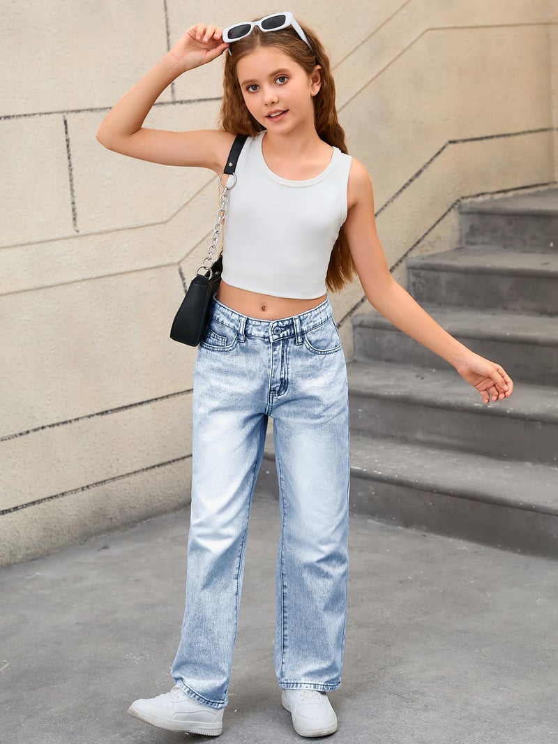 MakeMeChic Girl's Jeans Baggy Wide Straight Leg High Elastic Waisted Denim Pants Y2k Kid 7-14Y Light Wash 14 Years - Image 5