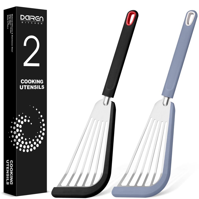 Silicone Fish Spatula Turner Set of 2 Thin Slotted Spatulas Turner for Nonstick CookwareHeat Resistant Flexible Stainless Steel Kitchen Cooking Spatula Flipper for Fish Egg Pancake BG
