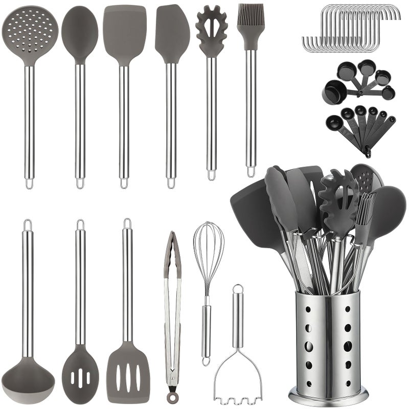Kyraton Kitchen Utensils Set, Kyraton 38 Pieces Non-Stick Silicone Cooking Utensils Set, Spoon Spatula Set with Sturdy Stainless Steel Utensil Holder, Dishwasher Safe - Image 1