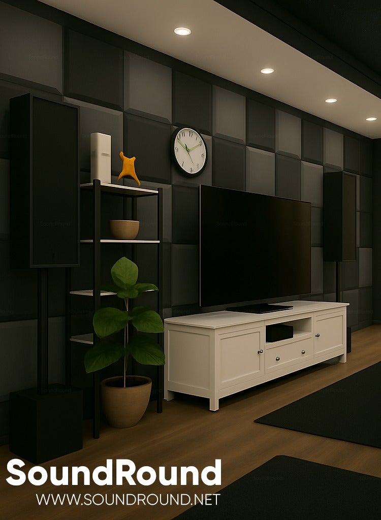 ساوند راوند ألواح الفوم الصوتي SoundRound مقاس 12×12×1 بوصة – عزل صوت احترافي بتصميم فلات – للتحكم في الصدى ومعالجة السينما المنزلية – ألواح عالية الكثافة – 6 قطعة - لون رمادي غامق - Image 4