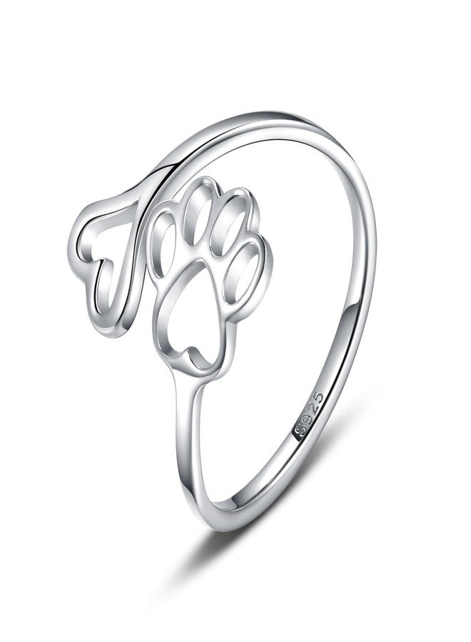 Sariel Puppy Pet Lovers Paw Print Ring Heart 925 Sterling Silver Adjustable Ring Pet Animal Jewelry Creative Pierced Love Dog Cat Claw Ring Pet Loving Friend Families Gifts (Silver heart paw ring) - Image 1