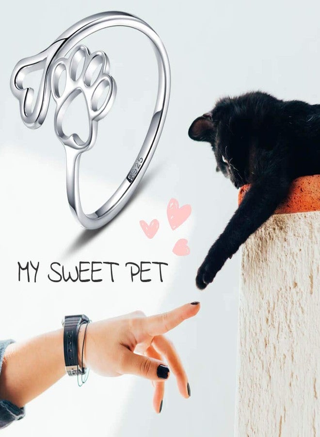 Sariel Puppy Pet Lovers Paw Print Ring Heart 925 Sterling Silver Adjustable Ring Pet Animal Jewelry Creative Pierced Love Dog Cat Claw Ring Pet Loving Friend Families Gifts (Silver heart paw ring) - Image 4
