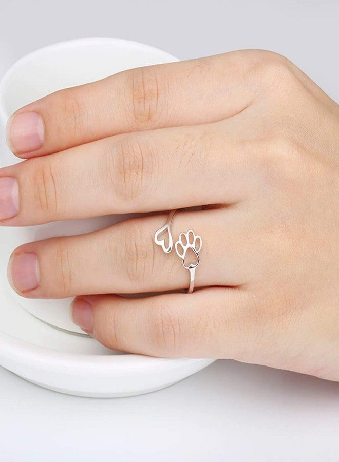 Sariel Puppy Pet Lovers Paw Print Ring Heart 925 Sterling Silver Adjustable Ring Pet Animal Jewelry Creative Pierced Love Dog Cat Claw Ring Pet Loving Friend Families Gifts (Silver heart paw ring) - Image 2