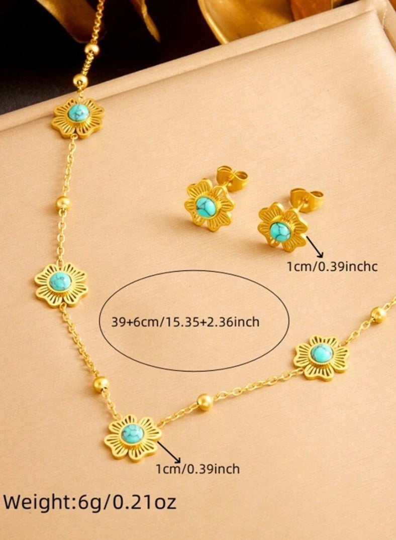 جوليري بالاس طقم اكسسوارات قلادة وحلق نسائي من الاستانلس ستيل المطلي باللون الذهبي - Image 4