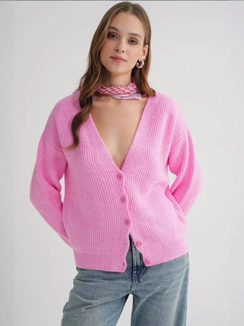 MixRay Mixray Textured V-Neck Button Cardigan