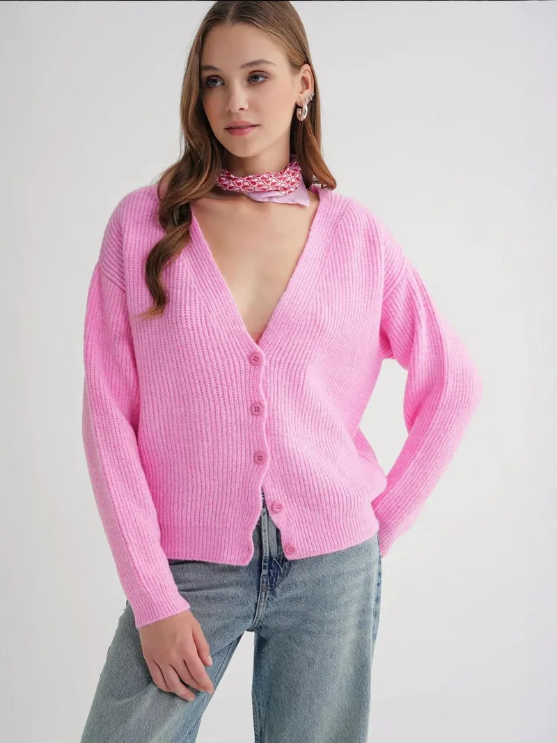 MixRay Mixray Textured V-Neck Button Cardigan