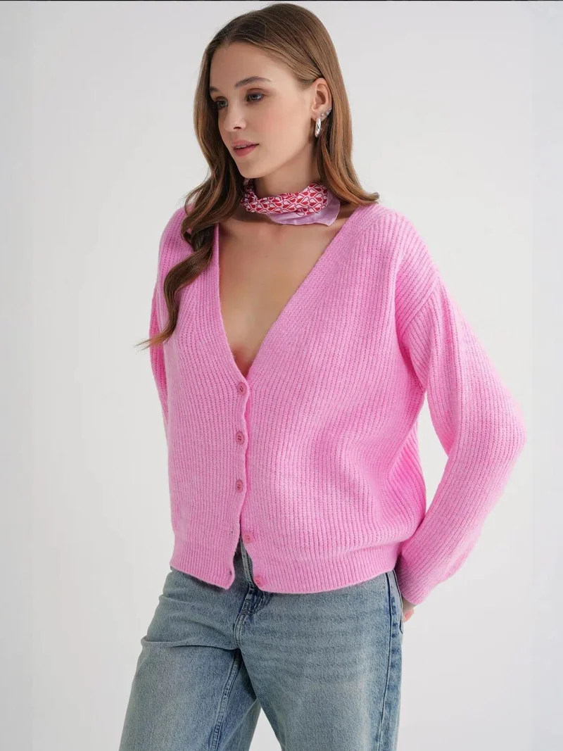 Mixray Powder Pink Mixray Textured V-Neck Button Cardigan for Women | Best Price UAE