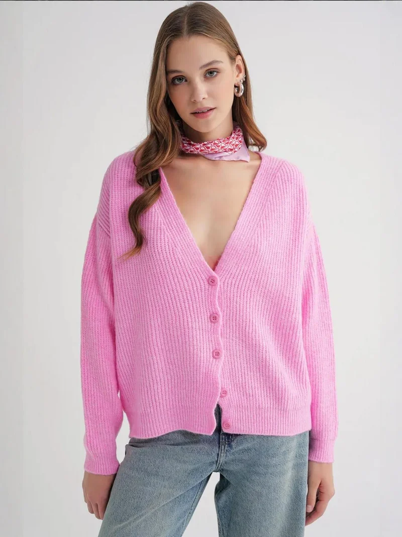 Mixray Powder Pink Mixray Textured V-Neck Button Cardigan for Women | Best Price UAE