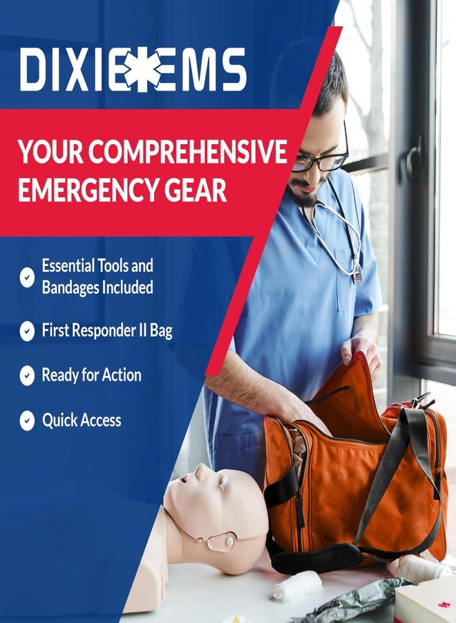 Dixie Ems Fully Stocked Trauma First Aid Kit - First Responder II Bag with Tools, Gauze, Bandages, Scissors & Gloves - Compact & Portable - OSHA and ANSI Compliant - Orange - Image 4
