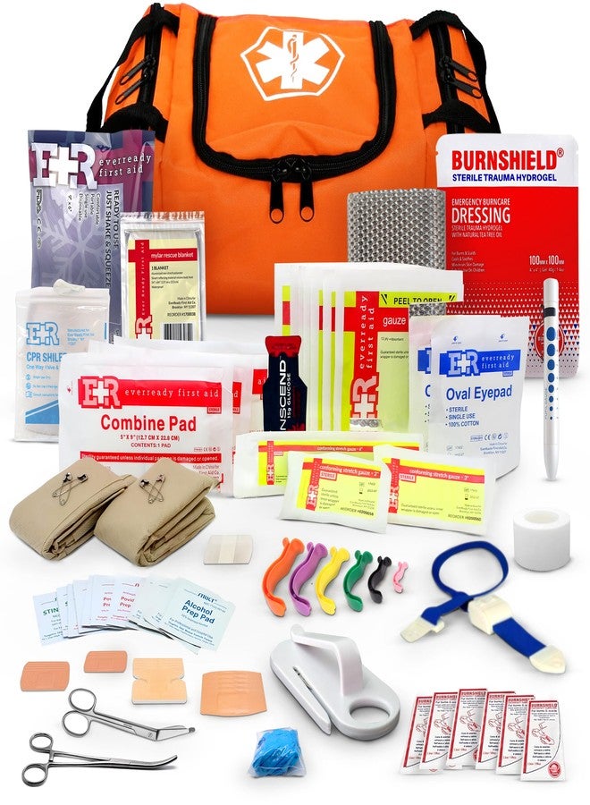 Dixie Ems Fully Stocked Trauma First Aid Kit - First Responder II Bag with Tools, Gauze, Bandages, Scissors & Gloves - Compact & Portable - OSHA and ANSI Compliant - Orange - Image 1