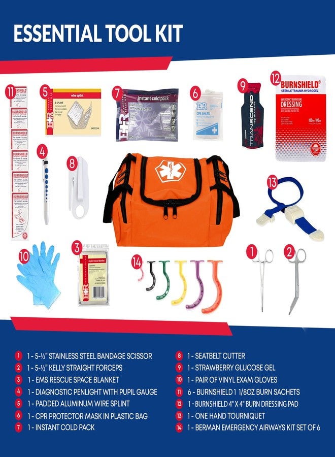 Dixie Ems Fully Stocked Trauma First Aid Kit - First Responder II Bag with Tools, Gauze, Bandages, Scissors & Gloves - Compact & Portable - OSHA and ANSI Compliant - Orange - Image 2