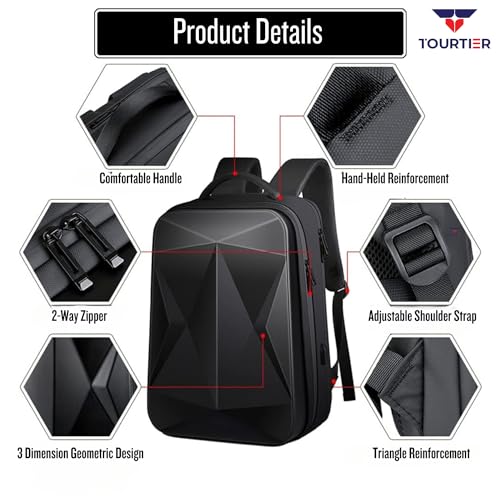 TOURTIER Hard shell Business Travel Laptop Backpack with USB Charging Port Daypack for Men Women (DESIGN-1, BLACK) - Image 3