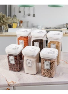 HEREVIN 6-Piece Square 1.1 Lt + 1.5 Lt Food Legumes Storage Container Spice Set-White-25 Pieces Labeled  - Image 2