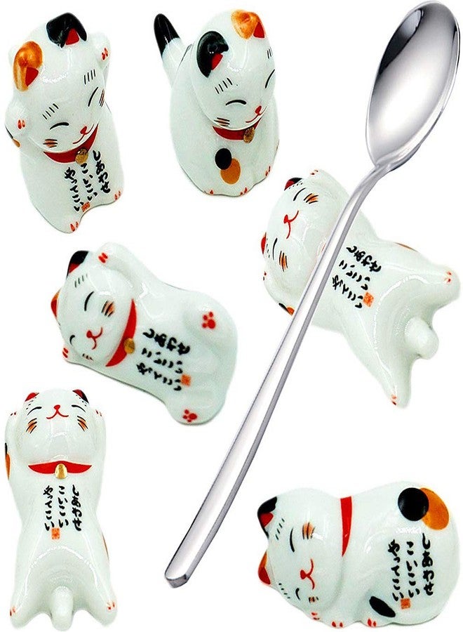 Ponerine Pack of 6 Lovely Pandas Ceramic Chopsticks Spoon Forks Knives Tableware Rest Set, Panda Stand Festive Dinner Table Ornament (Lucky Cat Set) - Image 1