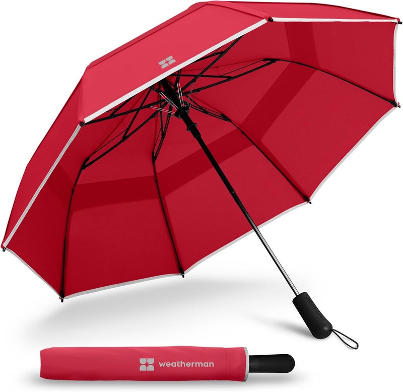 Weatherman Premium Collapsible Travel Umbrella - Windproof, Compact, Easy Auto Open - Resists Up to 55 MPH Winds - Perfect for Rain, Wind, Backpack, Car - Folding Umbrella (Red) - Image 1