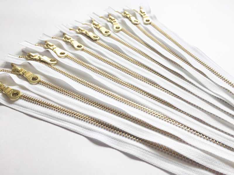Craftbot YKK Gold Metal Zippers in White with Donut Pulls 8 Inch Number 5 Set of 12 Pieces by Craftbot - Image 2