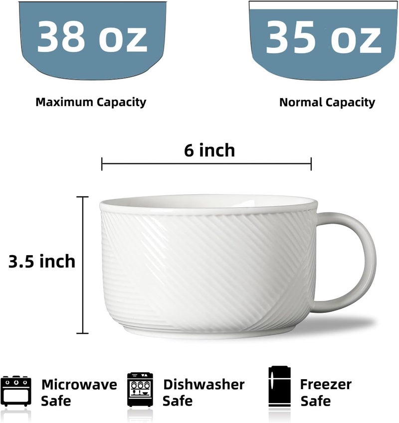 Adewnest Ceramic Soup Bowl with Handle: 38 oz Microwave Safe Extra Large Mug for Oatmeal, Cereal, Breakfast, Meal Prep, Work Lunch, Dorm Living, Single Serve Dinner - 6 Inch, White - Image 2