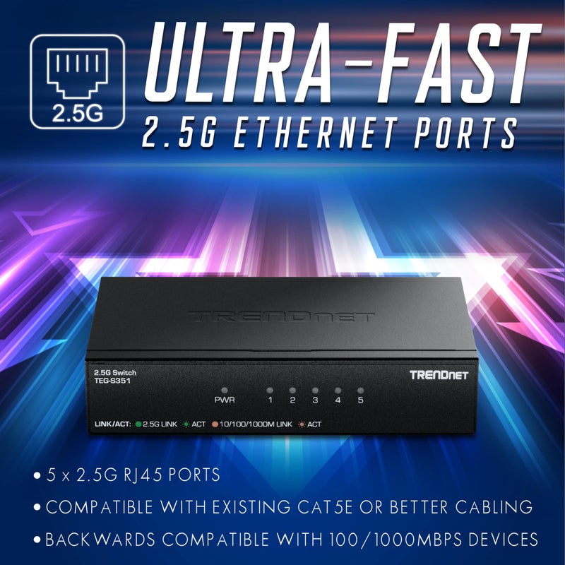 TRENDnet 5-Port 2.5Gb Switch, TEG-S351, 5 x 2.5G RJ45 Ports, 25Gbps Switching Capacity, NDAA + TAA Compliant, Ethernet Splitter, for Game Console, NAS, PC, Lifetime Protection - Image 5