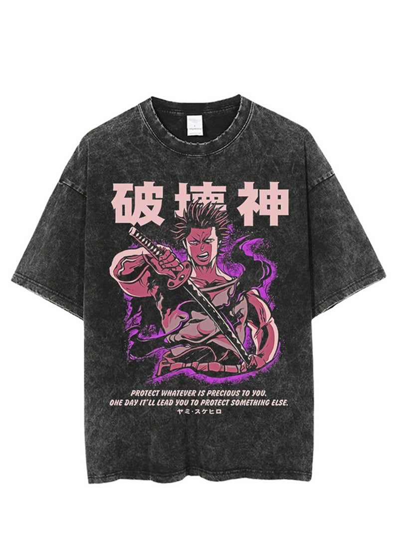 Washed retro T-shirt street hip hop anime Black Clover casual cotton summer short sleeves  - Image 1