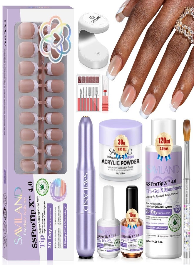 SAVILAND French Tip Acrylic Press On Nails Kit: In-Minute Long Wear & Easy French Acrylic Press-ons & Thick Short Square White Tip 150PCS Pro Acrylic Nail Kit Powder Monomer Liquid 3-Way Salon Gift - Image 1