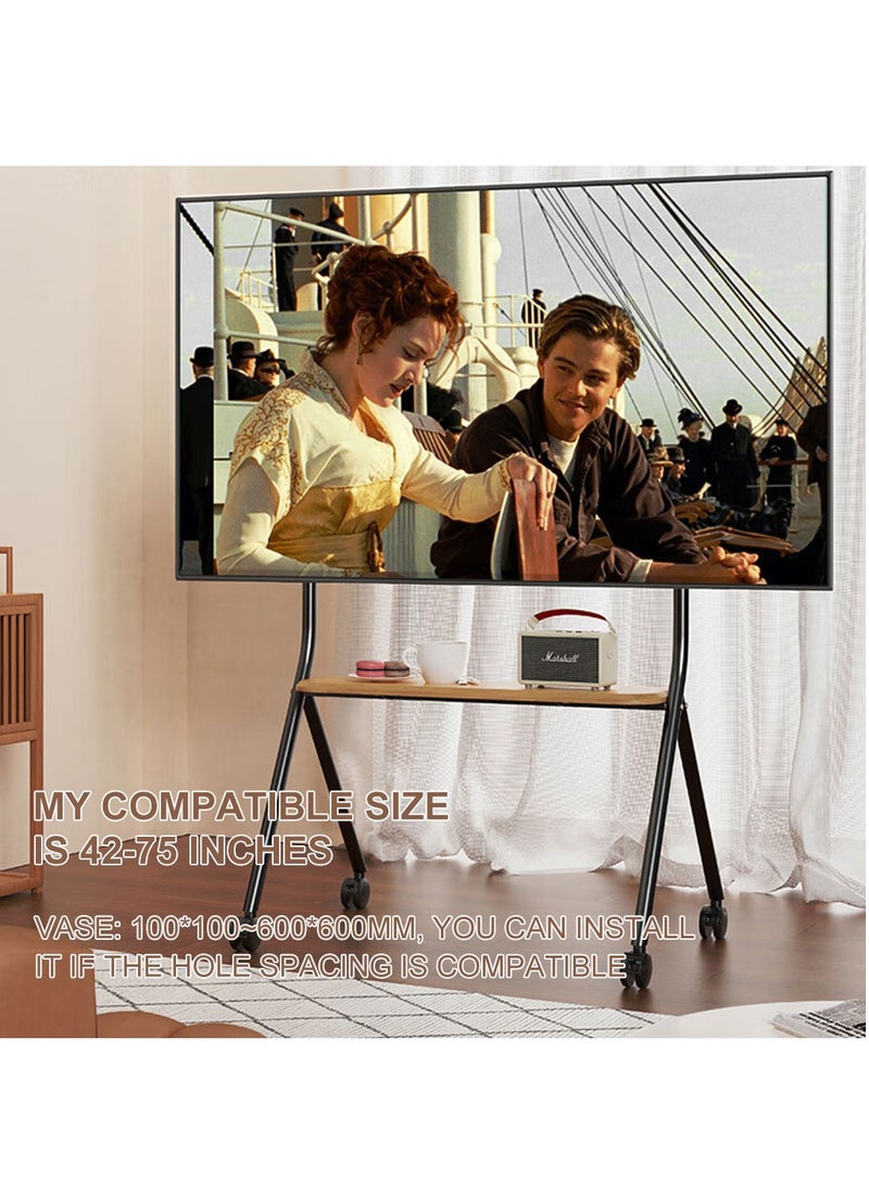 Easel Mobile TV Stand, Rolling TV Cart Floor Stand for 32 to 75 Inch LED LCD OLED Screens, Height Adjustable TV cart with Wooden Tray for Bed Room, Living Room