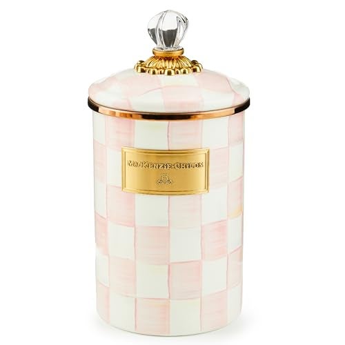 mackenzie childs MACKENZIECHILDS Enamel Canister Versatile Kitchen Storage Container for Flour and Sugar Large 64Ounce Capacity PinkandWhite Rosy Check - Image 1