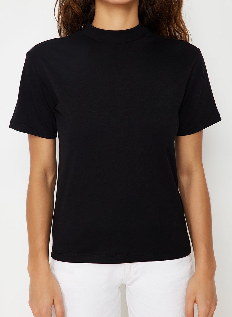 trendyol Black 100% Cotton Basic Regular/Normal Fit Mock Neck Knitted T-Shirt Twoaw20Ts0096 - Image 3