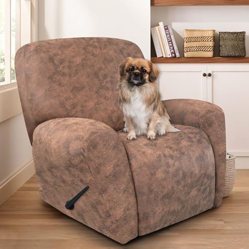 ANARACHON Recliner Chair Covers Leather Look 4 Pieces Recliner Covers Non Slip Soft Slipcovers for Large Recliners Furniture Protector Washable for Pets 1 Seater 03 Light Brown - Image 3