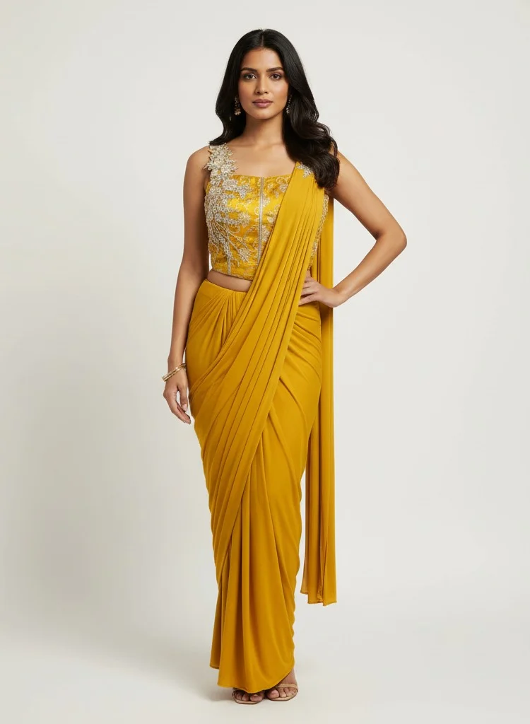 Lehar Yellow Embroidered Corset Saree Set