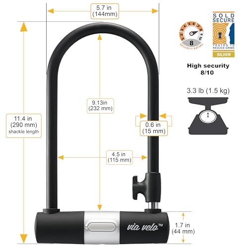 Via Velo Bike U Lock with Cable | Via Velo Heavy Duty Anti-Theft Bicycle U Lock Sold Secure Silver 15mm Shackle Inner Dim 9 x 4.5 in with 10mm x 6Ft Length Cable Security Lock for Bike Electric Bike Scooter - Image 2