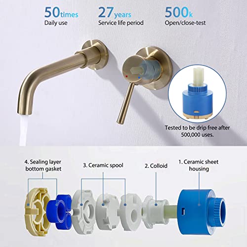 HMEGAO Wall Mount Bathroom Faucet Brushed Gold Bathroom Faucet Bathroom Sink Faucet with Single Handle and Rough in Valve Included - Image 4