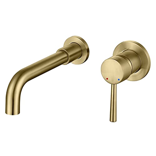 HMEGAO Wall Mount Bathroom Faucet Brushed Gold Bathroom Faucet Bathroom Sink Faucet with Single Handle and Rough in Valve Included - Image 1
