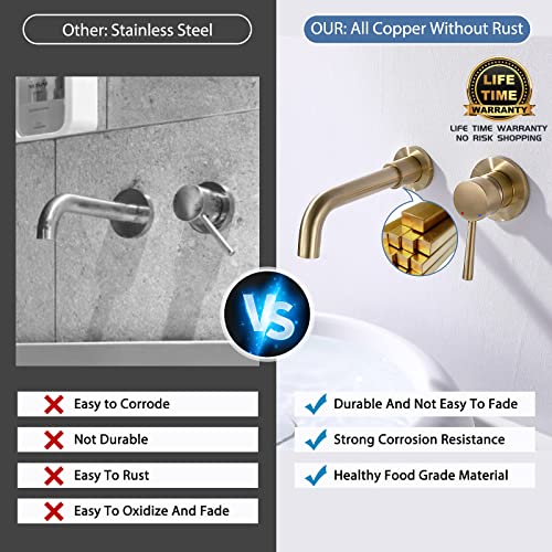 HMEGAO Wall Mount Bathroom Faucet Brushed Gold Bathroom Faucet Bathroom Sink Faucet with Single Handle and Rough in Valve Included - Image 5