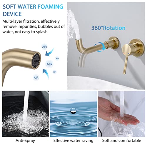 HMEGAO Wall Mount Bathroom Faucet Brushed Gold Bathroom Faucet Bathroom Sink Faucet with Single Handle and Rough in Valve Included - Image 3
