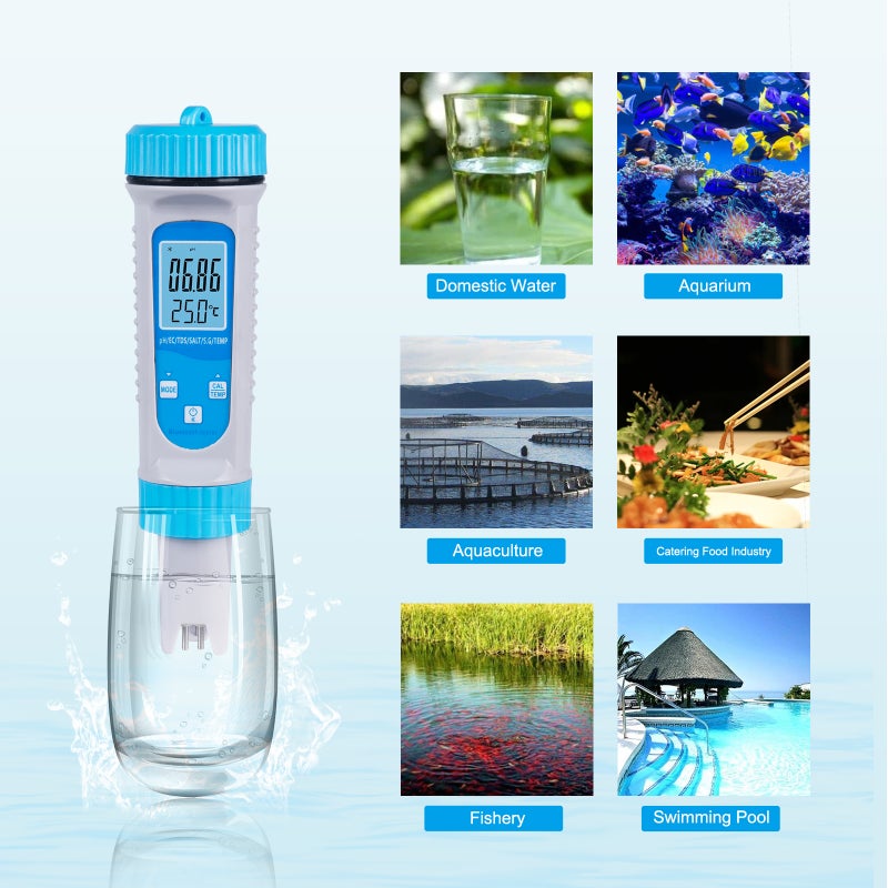Smart BT 6 in 1 Ph Tester Pool Water PH/ EC/ TDS/ SALT/ S.G/ Temperature Tester Pool Water Quality Monitor Multifunction Water Quality Detector for Pool Drinking Water Laboratory - Image 3