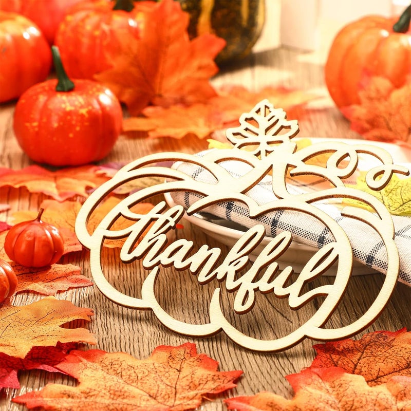 Queekay 12 Pcs Thanksgiving Pumpkin Wooden Plate Decor Fall Thankful Wood Cutout Signs Place Card Settings Table Decor Thanksgiving Decorations Ideas Rustic Letter Sign - Image 1