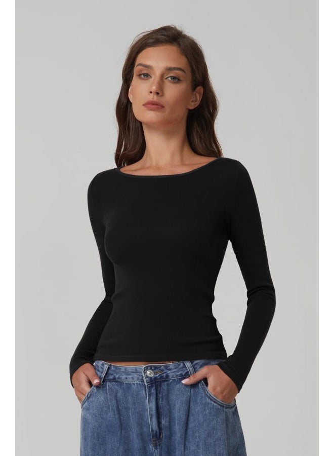 QINSEN Women's Cotton Long Sleeve T Shirts Crewneck Tight Fitted Rib Knit Y2k Casual Tee Tops, Black, L - Image 4