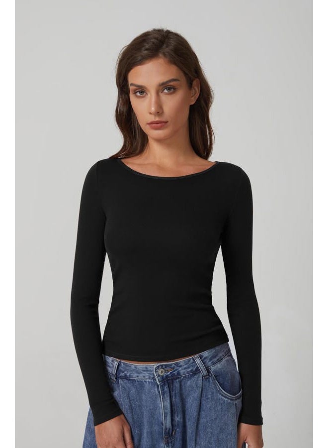 QINSEN Women's Cotton Long Sleeve T Shirts Crewneck Tight Fitted Rib Knit Y2k Casual Tee Tops, Black, L - Image 2