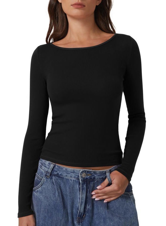 QINSEN Women's Cotton Long Sleeve T Shirts Crewneck Tight Fitted Rib Knit Y2k Casual Tee Tops, Black, L - Image 1