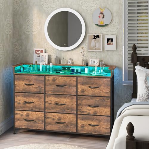 EXOTICA EXOTICA Industrial Dresser for Bedroom with Charging Station and LED Light Fabric Storage Dresser with 9 Fabric Drawers Chest of Drawers for Closet Hallway Sturdy Steel Frame Wooden Top