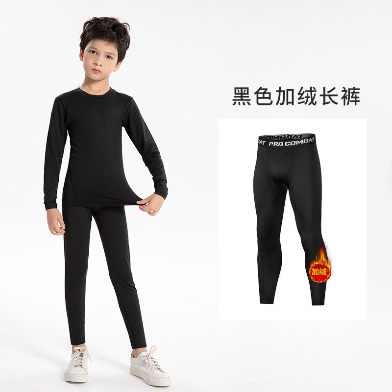 Kids Fleece-Lined Long Leggings Sports Fitness Tights Black  - Image 1