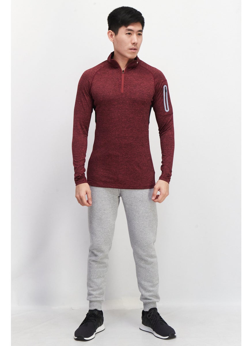 RZIST - Men Sportswear Fit Brand Logo Half Zip Training T-Shirt, Maroon - Image 1